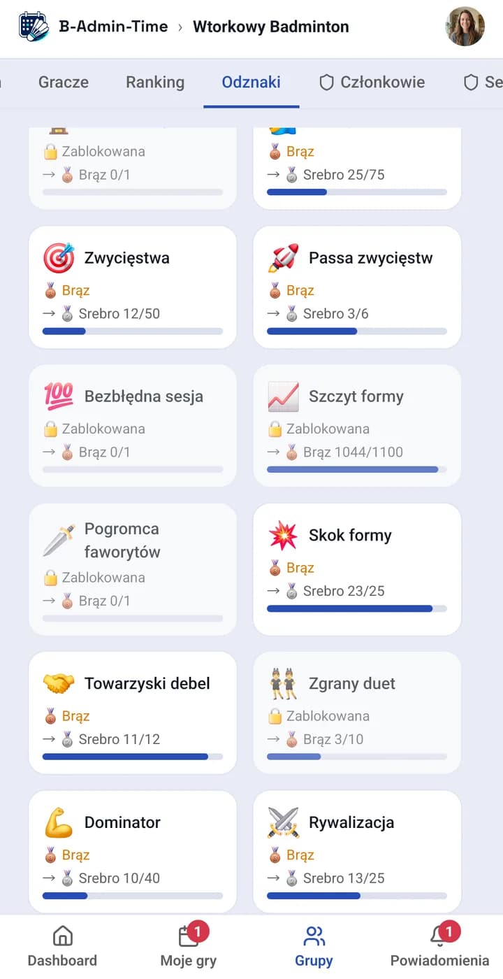 App screen: a player’s badge shelf with earned levels and progress toward the next ones