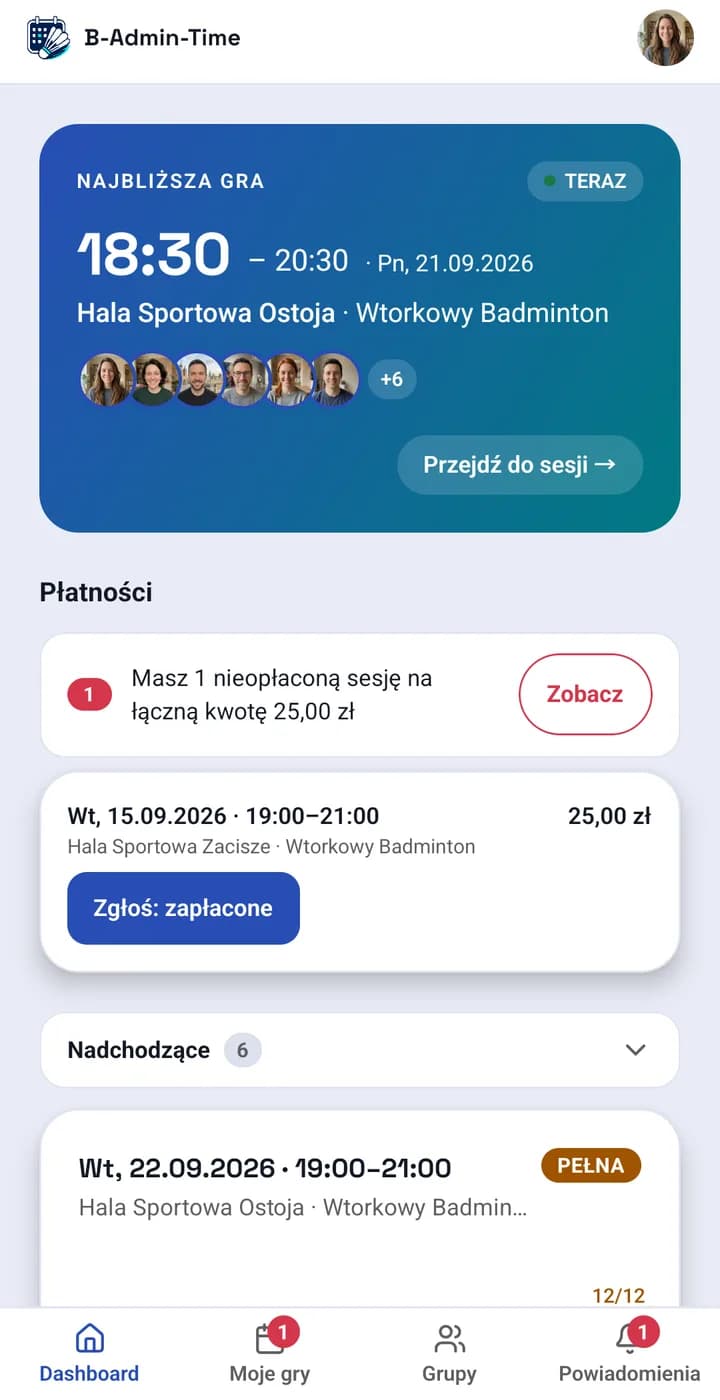 App screen: the player dashboard with the "happening now" card and a payment due
