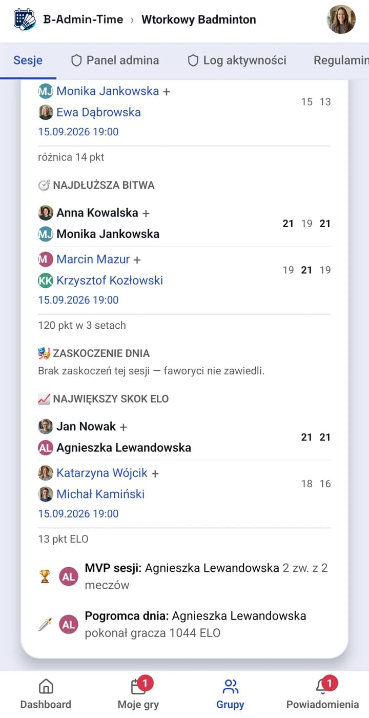 App screen: session summary with match highlights