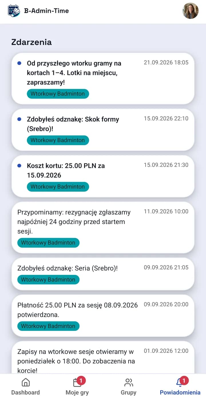 App screen: the notification list and a group announcement
