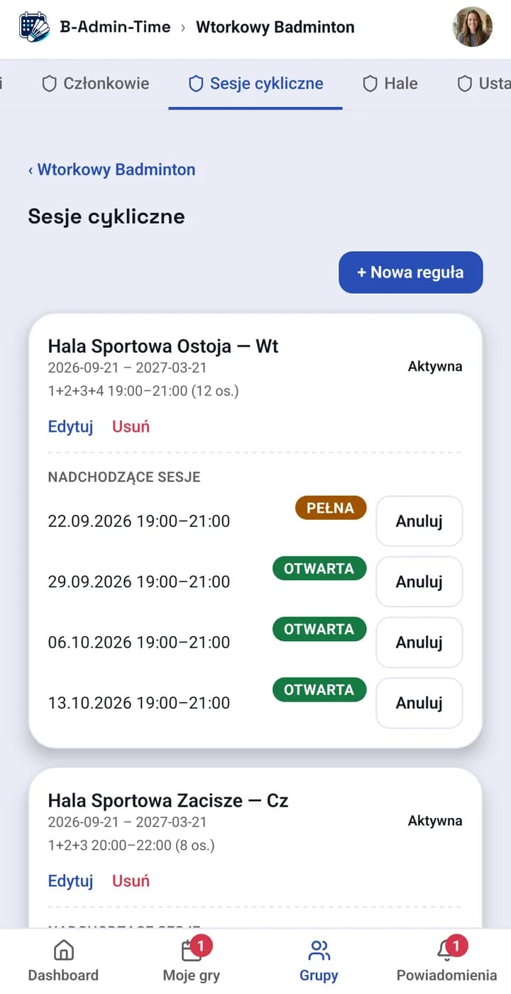 App screen: a recurring session rule that creates upcoming sessions automatically