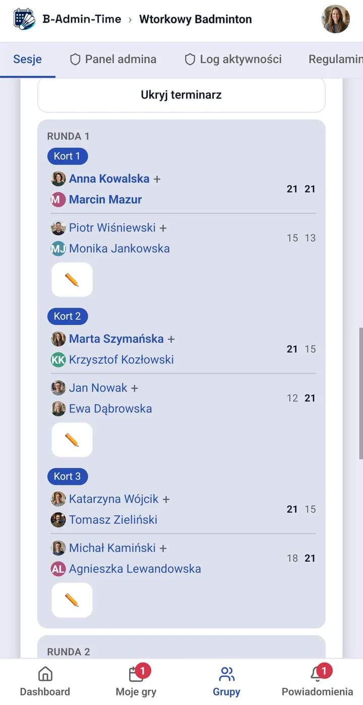 App screen: the session schedule with courts and pairs