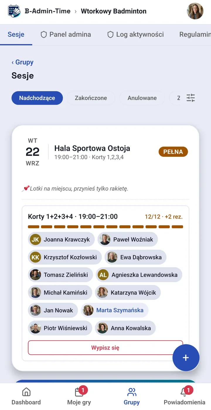 App screen: the group's session list