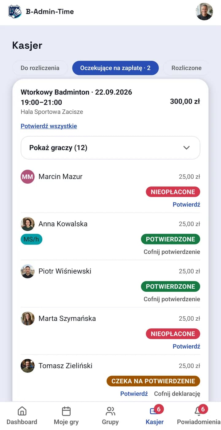 App screen: a session settlement with player payment statuses — confirmed, unpaid, declared