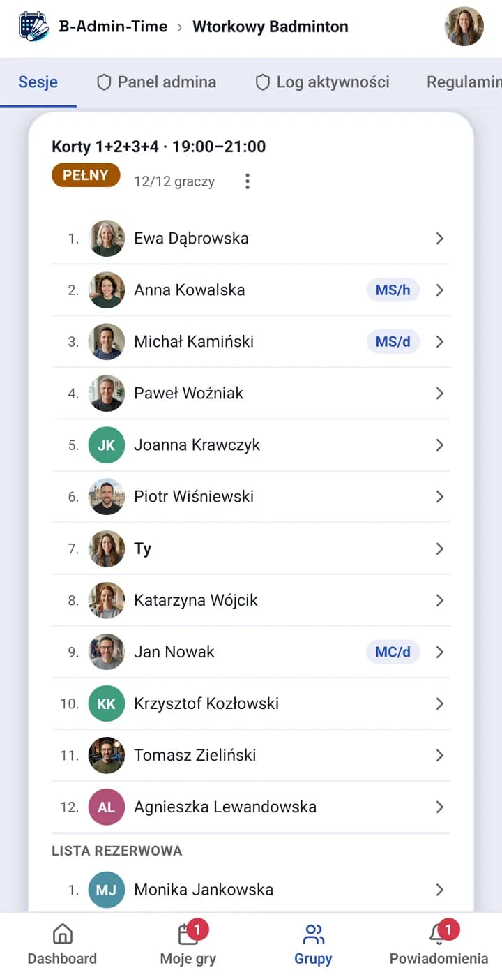 App screen: the list of players signed up for a session, and the waitlist