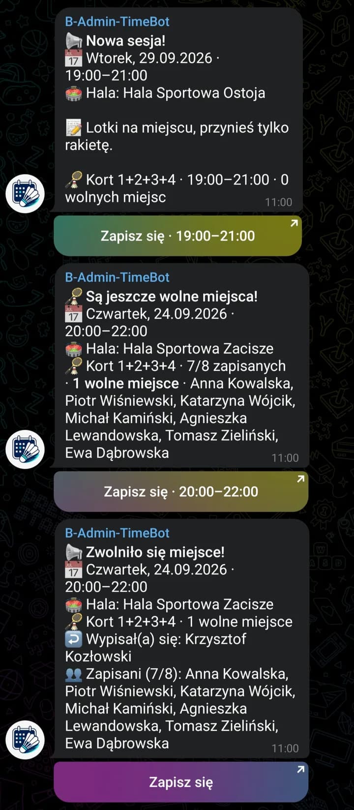 Telegram: the group bot messages about a new session and free spots