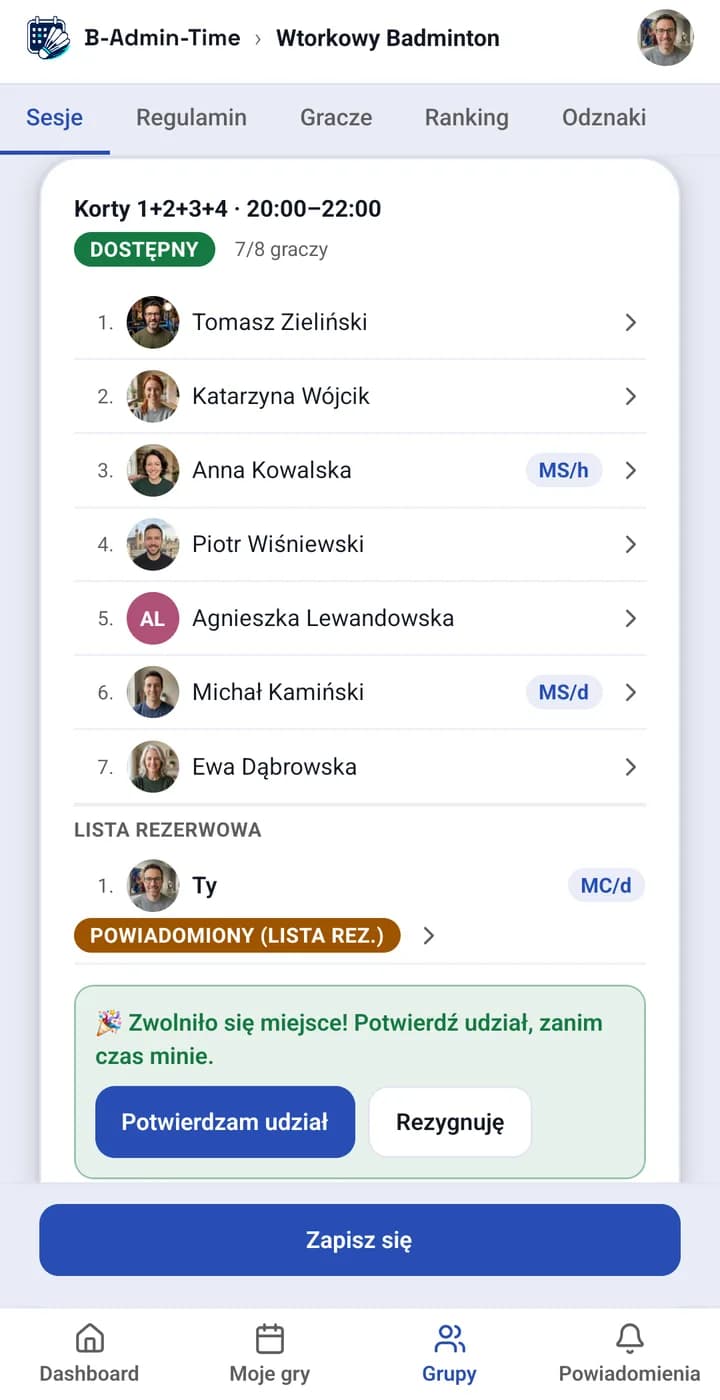 App screen: an offer of a freed-up spot from the waitlist, with a limited time to confirm